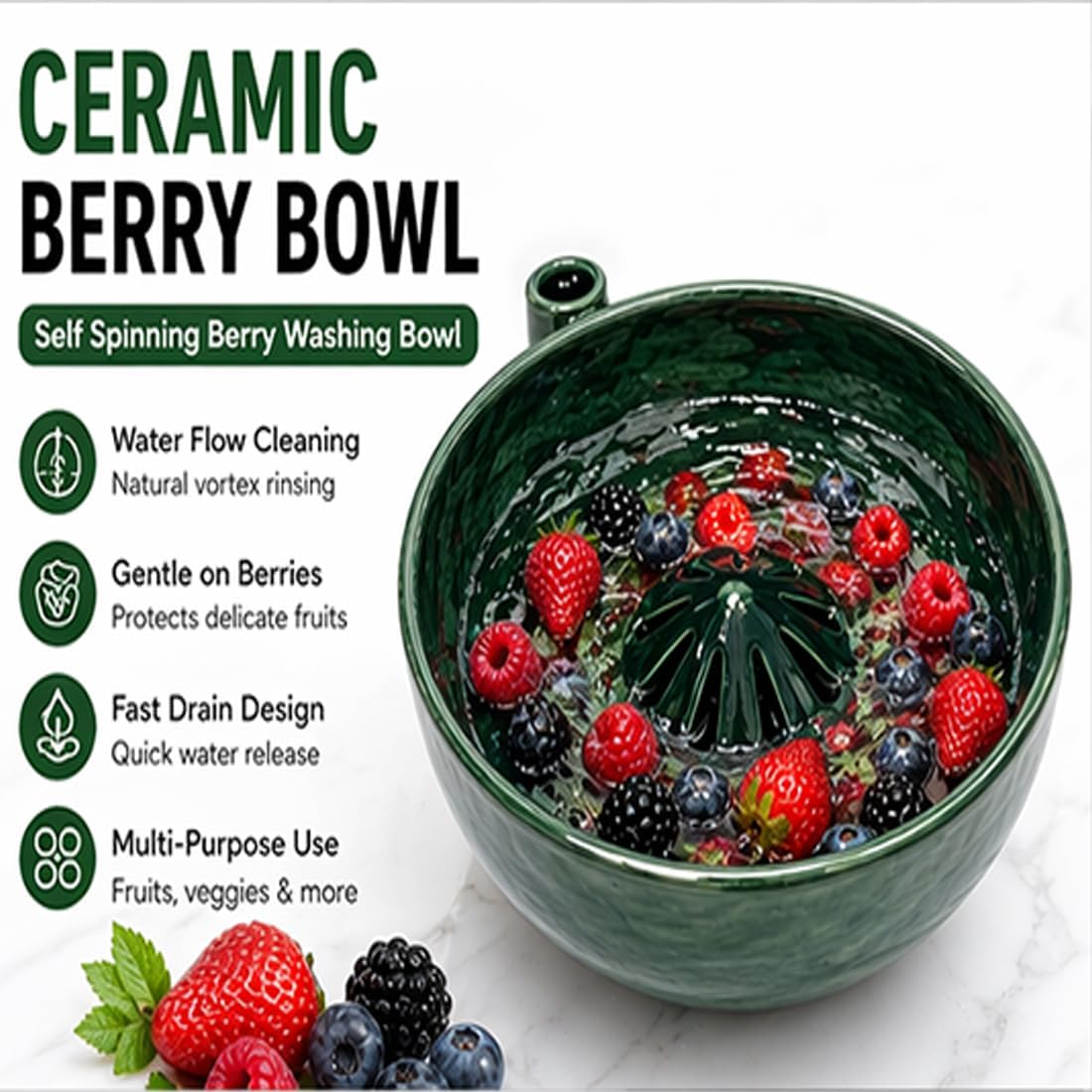 6IN Berry Swirl Bowl - 3D Printed PLA Berry Washing Bowl Plastic Style, Self Spinning Berry Basket with Fruit Washer Bowl Design, Automatic Berry Wash Bowl for Kitchen (1PCS+TOOTHSTICKS)