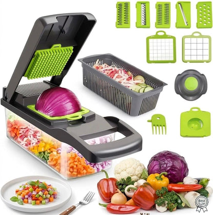 16-in-1 Vegetable Cutter Slicer – Multifunctional Vegetable Chopper with Stainless Steel Blades, Manual Onion Cutter, Food Slicer & Dicer for Kitchen, Salad Maker.