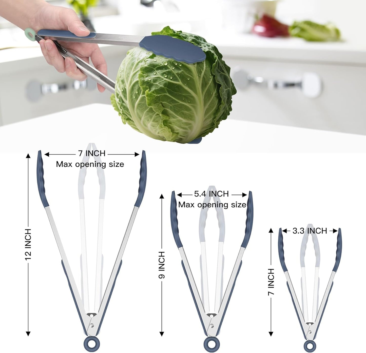 HOTEC Premium Stainless Steel Locking Kitchen Tongs with Silicon Tips, Set of 3-7", 9" and 12" (Gradient Blue)
