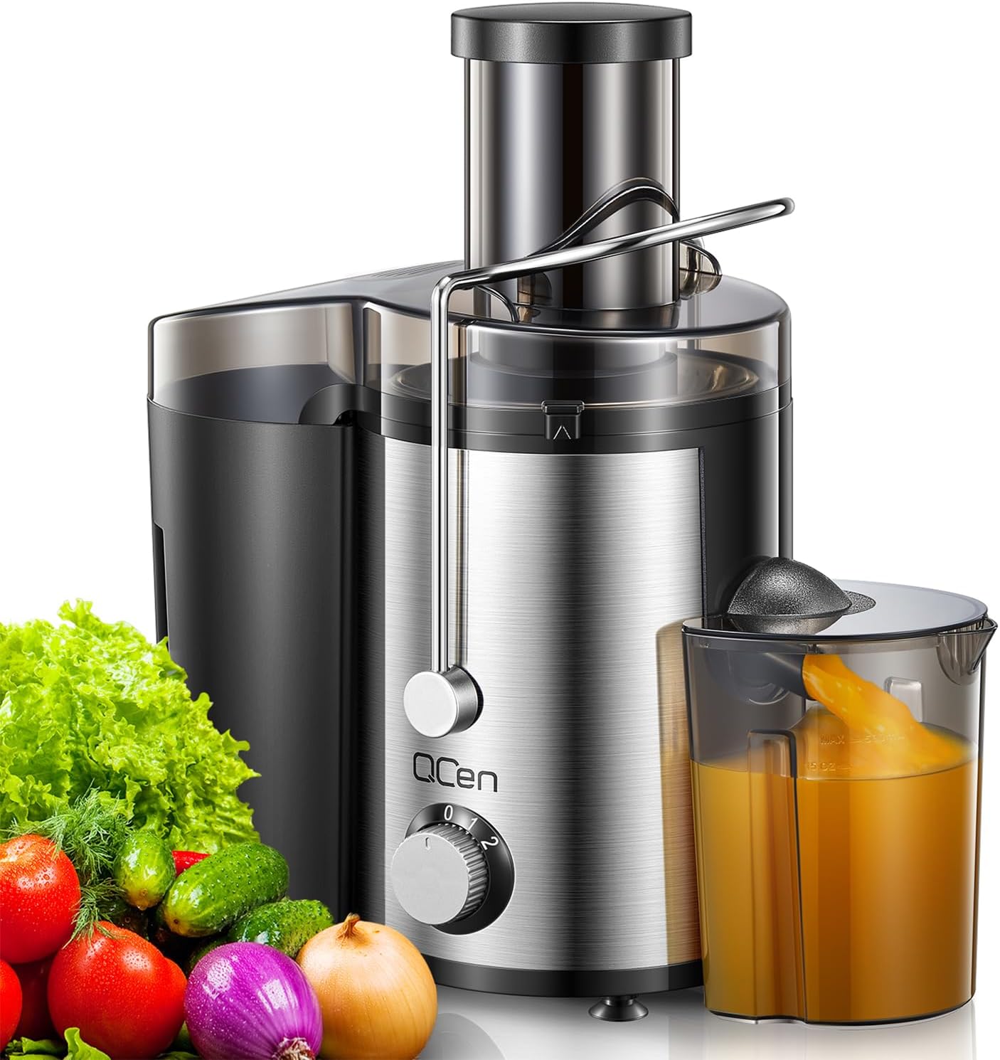 Qcen Juicer Machine, 500W Centrifugal Juicer Extractor with Wide Mouth 3” Feed Chute for Fruit Vegetable, Easy to Clean, Stainless Steel, BPA-free (Black)