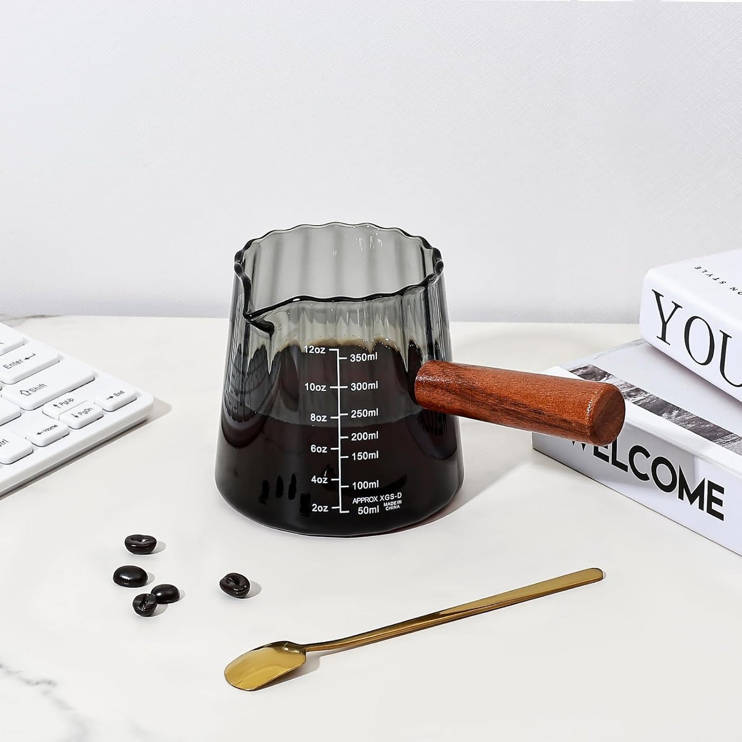 Glass Measuring Cup, 12oz Pour Over Coffee Maker with Wood Handle, Creative V-Shaped Spout Creamer Milk Frothing Pitcher Coffee Carafe Server (2-Gray)