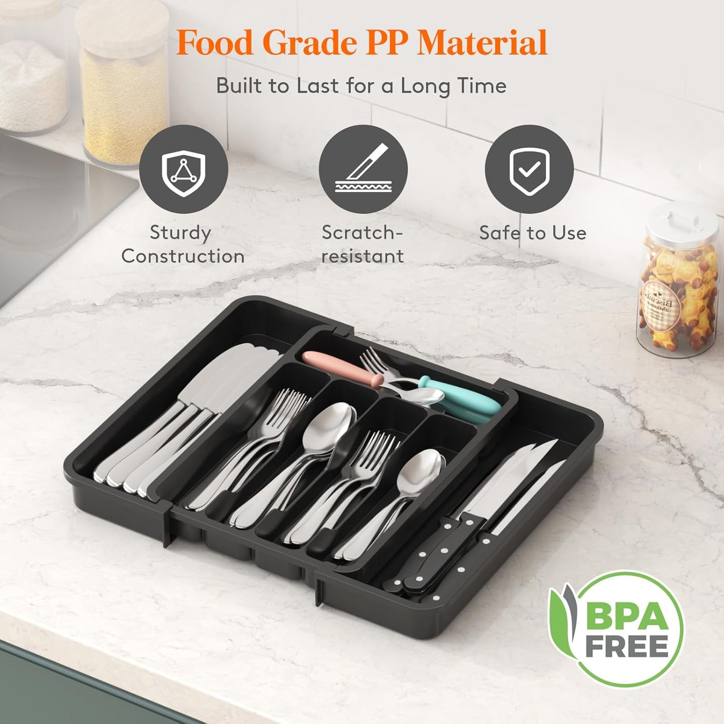 Lifewit Silverware Drawer Organizer, Expandable Utensil Tray for Kitchen, BPA Free Flatware and Cutlery Holder, Adjustable Plastic Storage for Spoons Forks Knives, 11-18 x 14", Black
