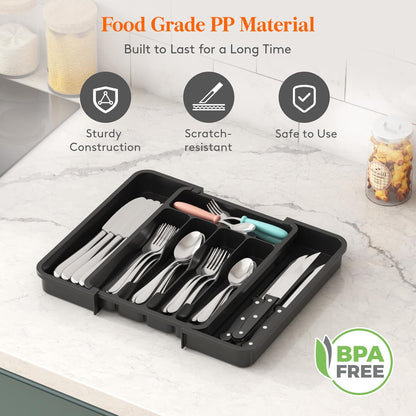 Lifewit Silverware Drawer Organizer, Expandable Utensil Tray for Kitchen, BPA Free Flatware and Cutlery Holder, Adjustable Plastic Storage for Spoons Forks Knives, 11-18 x 14", Black