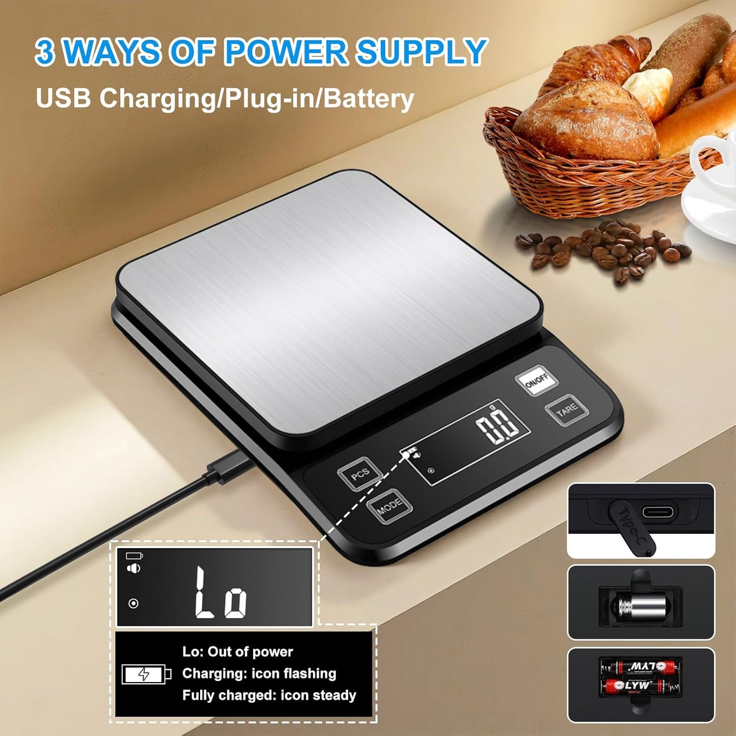 22lb Waterproof IPX67 Kitchen Scale with 0.1g/0.001oz High Precision, Diyife Large Stainless Steel Food Scale, 10 Unit, Washable, Hangable, USB Rechargeable, LCD Display, for Cooking, Baking