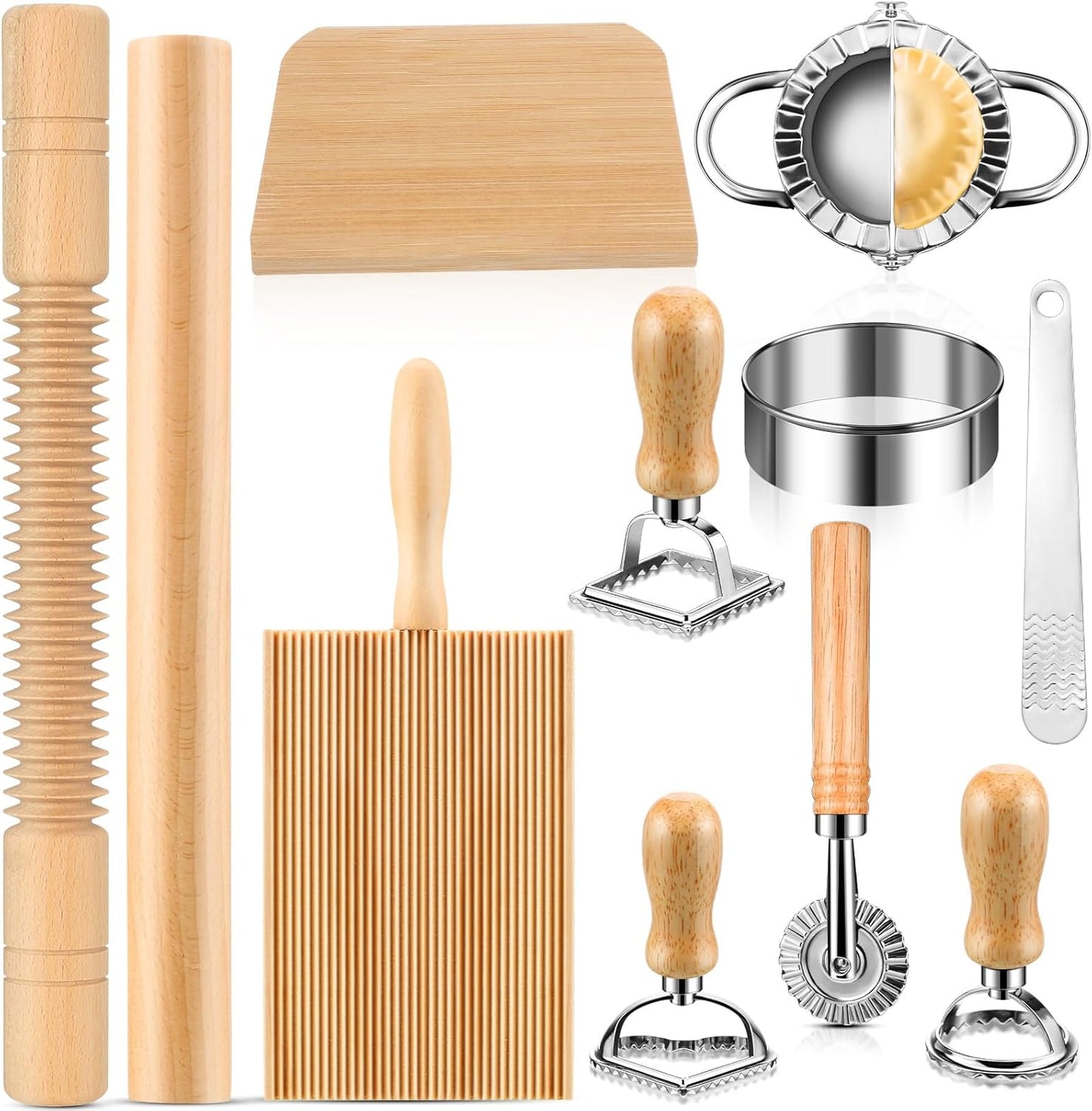 9 Pcs Gnocchi Pasta Making Tools kit - Gnocchi Board, Pasta Cutter, Ravioli Stamp, Wood Threaded Pasta Roller Pin Set, Noodle and Dumplings Maker, Homemade Kitchen Gift for Pasta Lovers