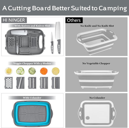 HI NINGER Collapsible Cutting Board with Colander, 9-In-1 Multi Chopping Board Kitchen Vegetable Washing Basket for Camping Gifts Camping Accessories for RV Campers