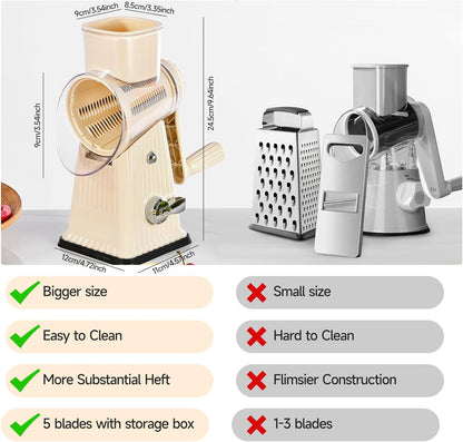 Xilrvna RotaryCheeseGrater,VegetableShredder 5 in 1 Cheese GraterwithHandleedderReinforcedSuction,EasytoClean,KitchenChopperforCrushedIce,Fruits and Nuts with Blade StorageCase（light green）