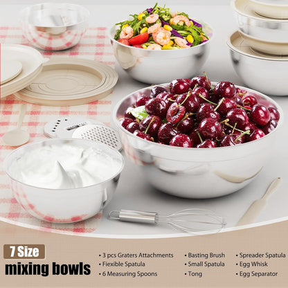 ENVTEK Mixing Bowls with Lids Set, 7 PCS Stainless Steel Mixing Bowls with 3 Grater Attachments, Size 4.5, 4, 3.5, 2.1, 1.5, 1.1, 0.7QT, Ideal for Kitchen Cooking Baking & Serving