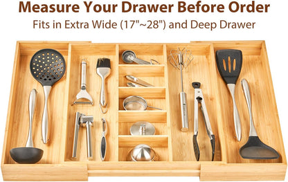 Umilife Large Expandable Kitchen Silverware Utensils Drawer Organizer, 2.5" Extra High Adjustable Drawer Divider with Curved Grooves, Bamboo Wood Cutlery Tray Flatware Holder