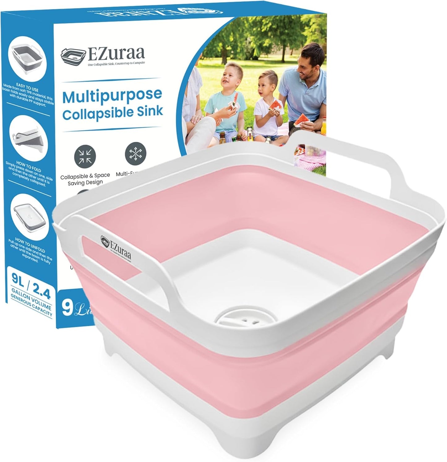 EZuraa 2.4 gal(9L) Gray Collapsible Dish Basin, Portable Sink or Dish Pan for Kitchen Sink with Drain Plug/Strainer, Space Saving Baby Bottle Wash Basin Collapsible Bucket, Beverage Tub for Camping