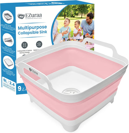 EZuraa 2.4 gal(9L) Gray Collapsible Dish Basin, Portable Sink or Dish Pan for Kitchen Sink with Drain Plug/Strainer, Space Saving Baby Bottle Wash Basin Collapsible Bucket, Beverage Tub for Camping