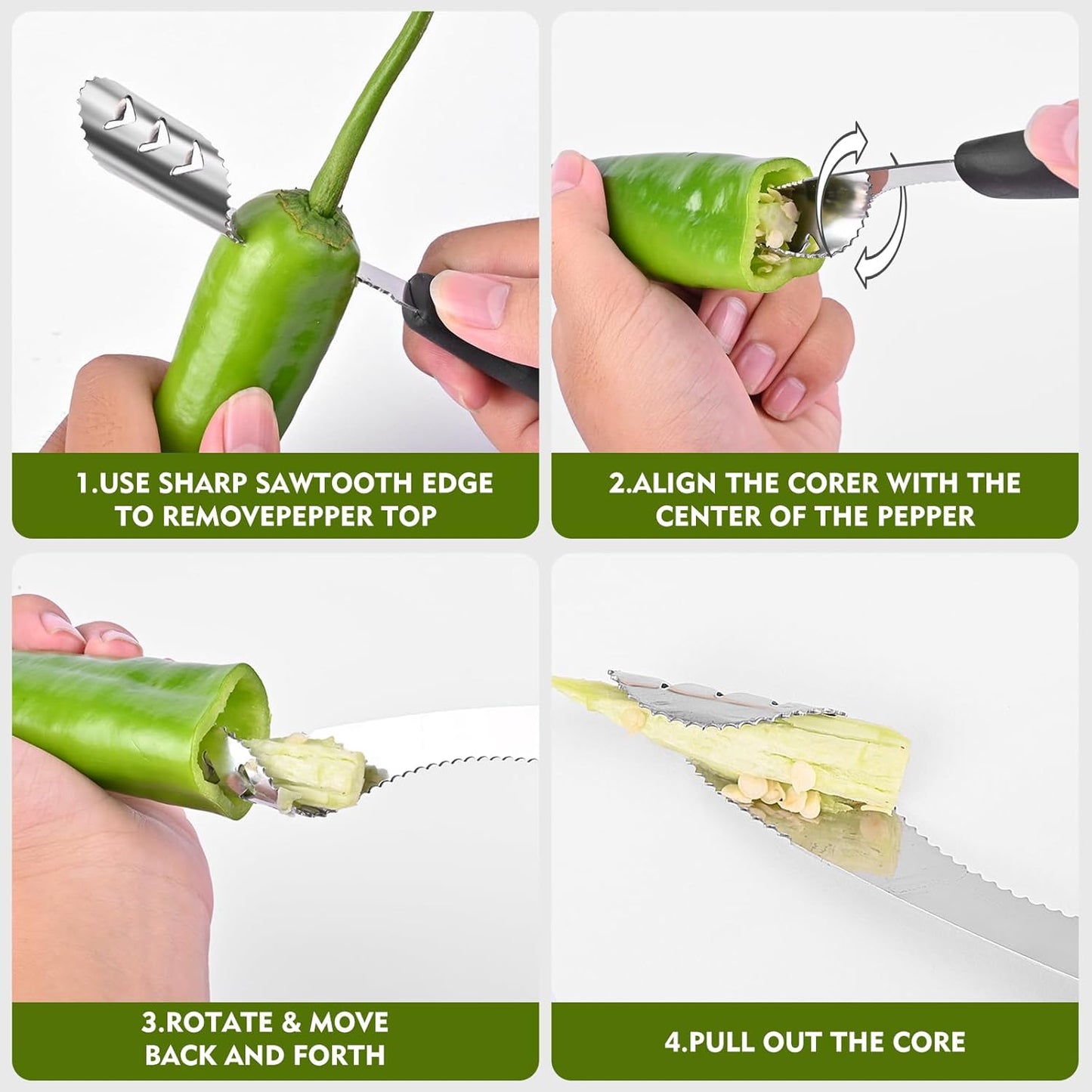 Rainspire 2-in-1 Jalapeno Corer, Stainless Steel Pepper Seed Remover with Serrated Edges, Comfortable Rubber Handle - Black