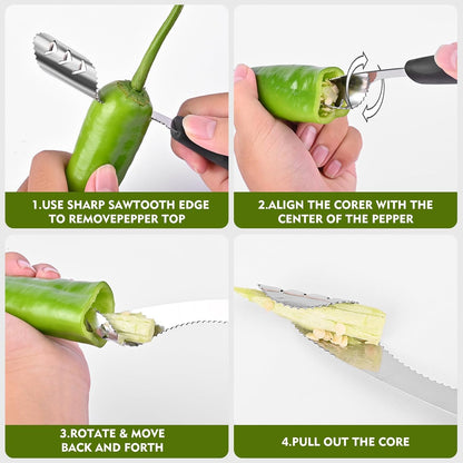 Rainspire 2-in-1 Jalapeno Corer, Stainless Steel Pepper Seed Remover with Serrated Edges, Comfortable Rubber Handle - Black
