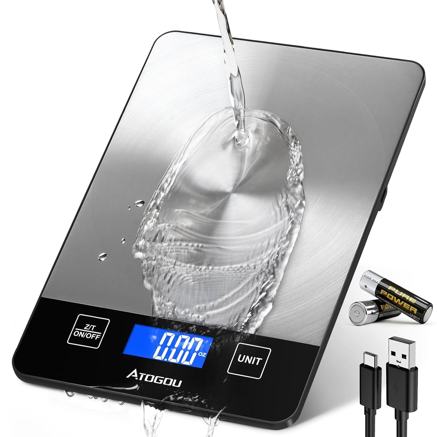Atogou Food Scale - 33lb Digital Kitchen Scale Ounces Grams, Rechargeable & Full-View Display, Water-Resistant, Batteries or USB-C Charging, Stainless Steel, for Cooking, Meal Prep, Package (Black)