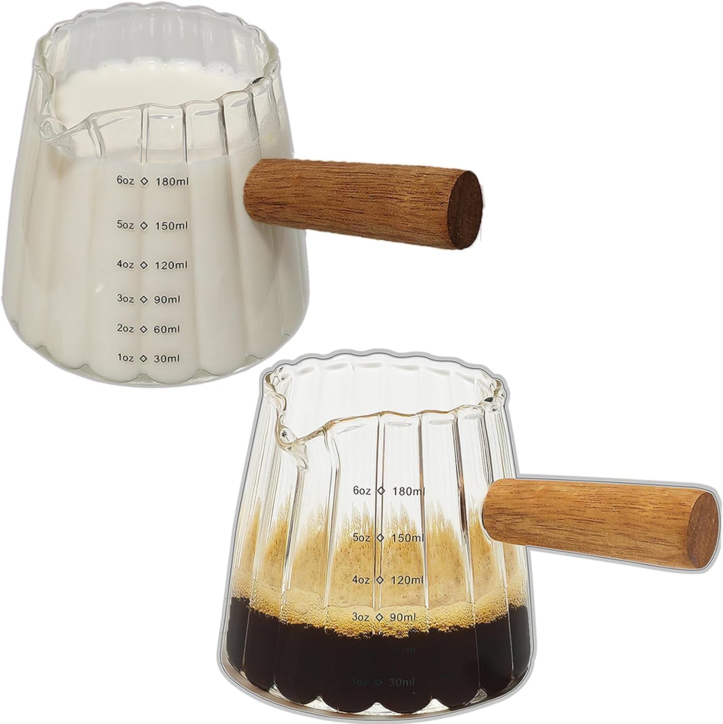 TIWPAJS Espresso Cups 6OZ, Espresso Accessories, Expresso Shots Cup, Espresso Shot Glass with V-Shaped Mouth, Ribbed Milk Frothing Pitcher, Glass Measuring Cup