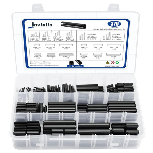 370 Pcs Roll pin Assortment, SAE Roll Pin Set, Slotted Spring Pins, Steel Split Expansion Pin, Black Roll Pins, 1/16 5/64 3/32 1/8 5/32 3/16 7/32 1/4 5/16 3/8 Inch Spring Dowel
