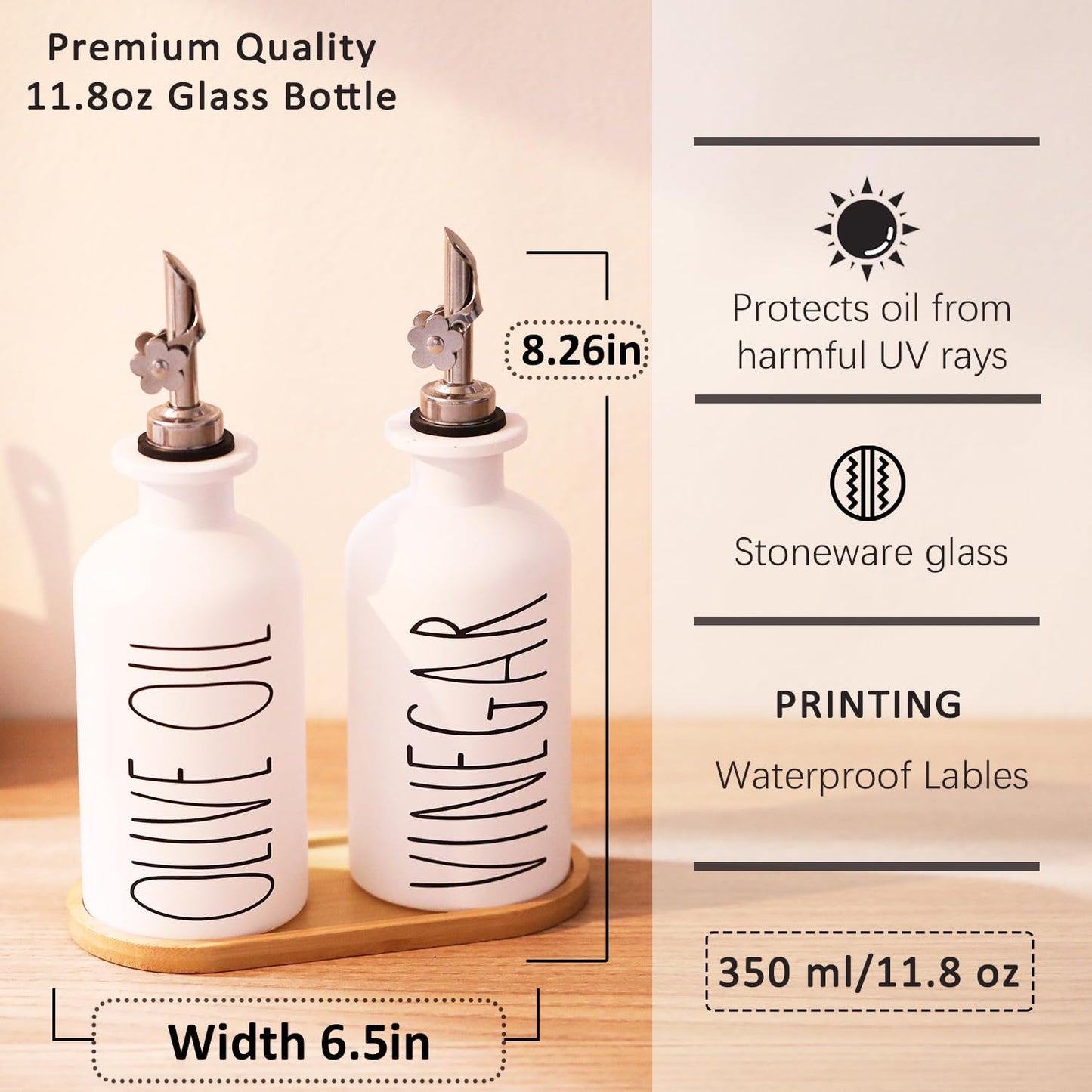 HOMCDALY Premium Olive Oil Dispenser for Kitchen, 11.8oz Glass Oil Bottles with Bamboo Tray, White and Gold Oil&Vinegar Cruet Set, Kitchen Dispenser Bottles with Pourer| Set of 2 (11.8oz –P–Gold)