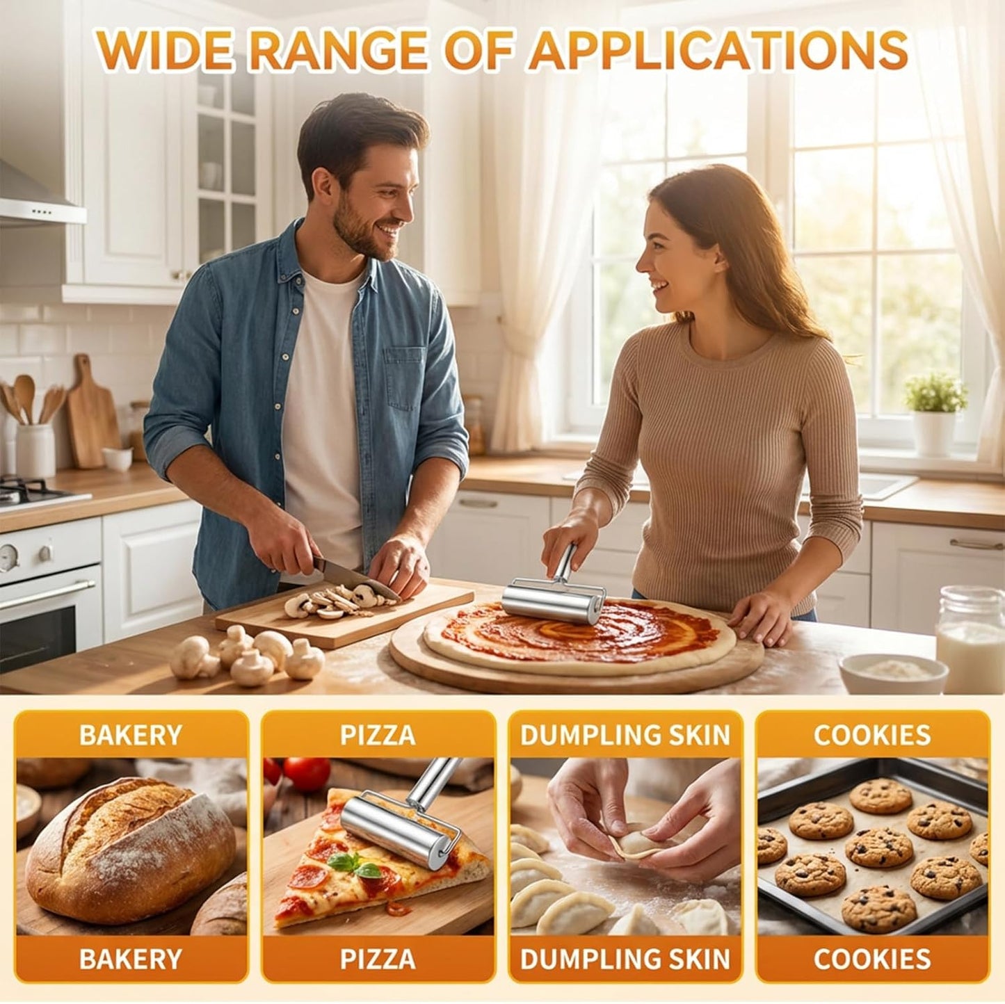 Stainless Steel Rrolling Pin, Pastry Pizza Roller Non Stick Smooth Dough Roller with 3Pcs Scraper Practical Metal Kitchen Utensils for Home Baking Dough, Pie, Pastries, Pasta, Cookies (H Shape)