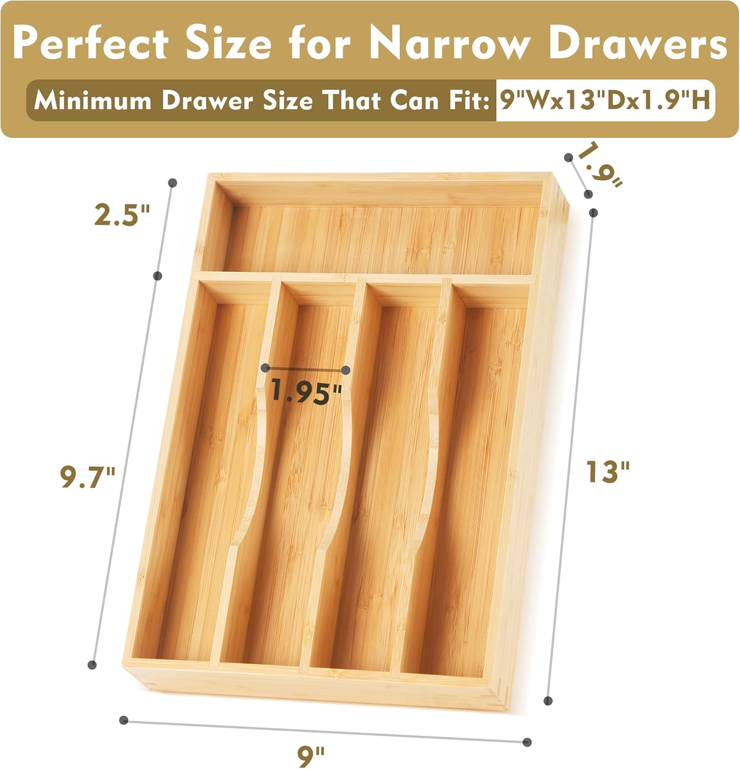 Upassion Bamboo Kitchen Drawer Organizer, 9 Inch Silverware Utensil Holder for Samll Drawer, Narrow Silverware Organizer for Cutlery Knives