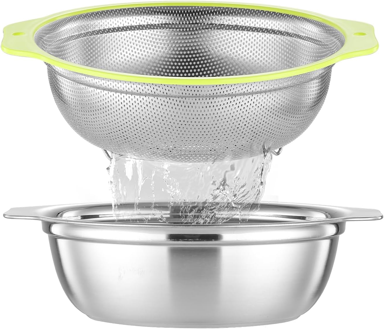 Colander Stainless Steel Microporous, 2QT Rice Strainer with Mixing Bowl, Rice Washer Bowl Set with Handle, Food-Grade Strainers and Colanders for Kitchen, Pasta, Fruit, Dishwasher Safe