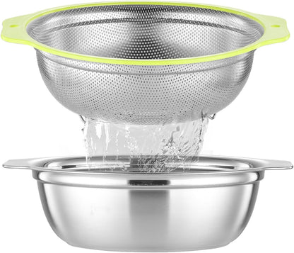 Colander Stainless Steel Microporous, 2QT Rice Strainer with Mixing Bowl, Rice Washer Bowl Set with Handle, Food-Grade Strainers and Colanders for Kitchen, Pasta, Fruit, Dishwasher Safe