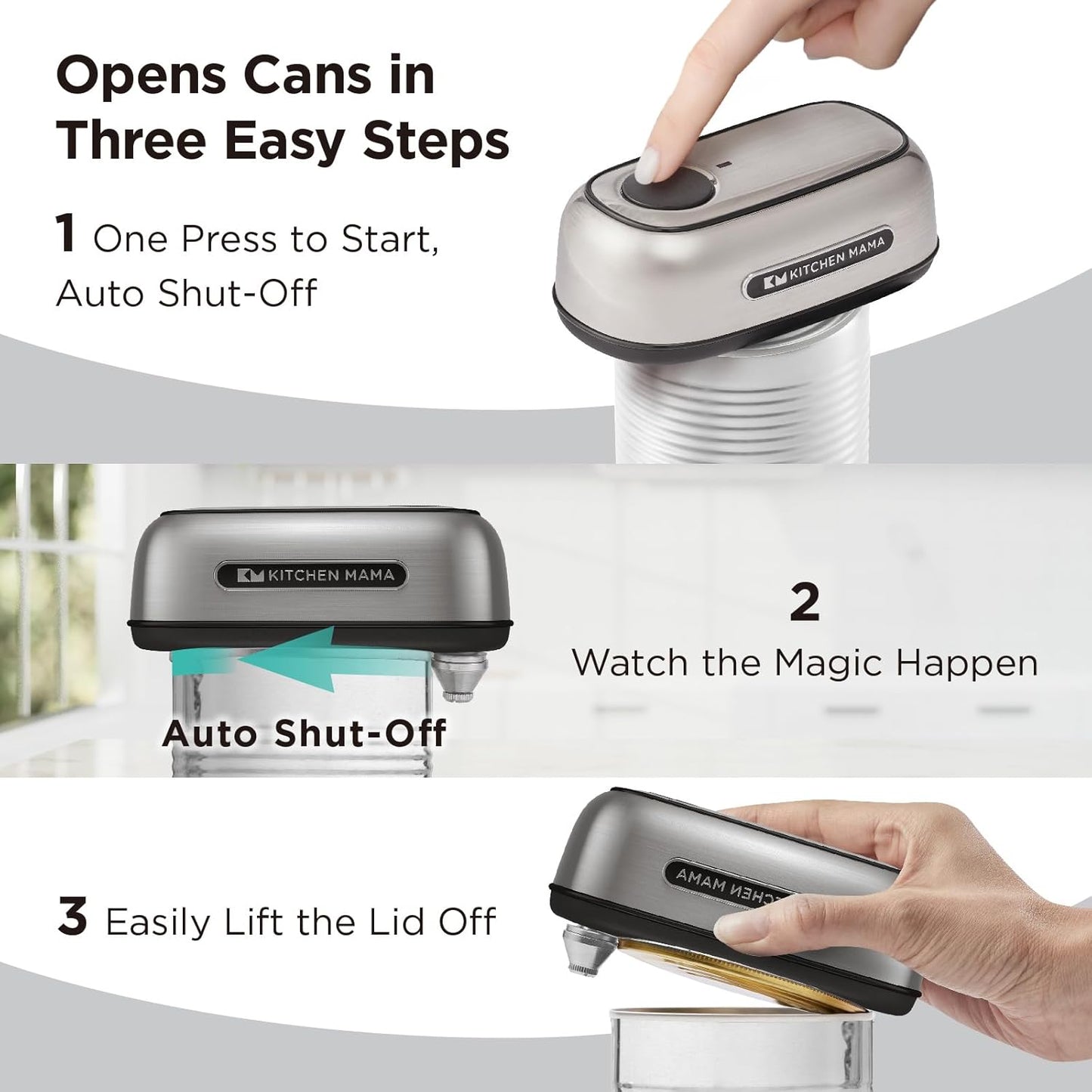 Kitchen Mama Orbit One Rechargeable Electric Can Opener: Hands-free, USB-C Charging, Automatic Stop, Smooth Edge, Safety, Blade for Large Cans, Heavy Duty, Soda and Pop Can, with Storage Box (White)
