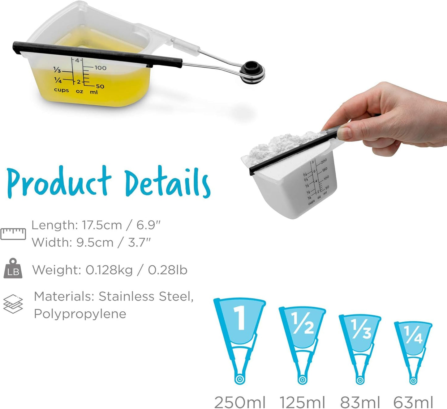 Dreamfarm Levups Self-Levelling Measuring Cup Set, Metric & Imperial Measurements up to 1 Cup - Pack of 4, Red