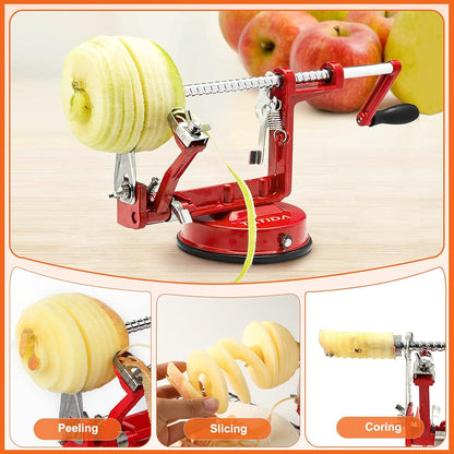 Apple Peeler Corer, Long lasting Chrome Cast Iron Apple Peeler Slicer Corer with Stainless Steel Blades and Powerful Suction Base for Apples and Potato(Blue)