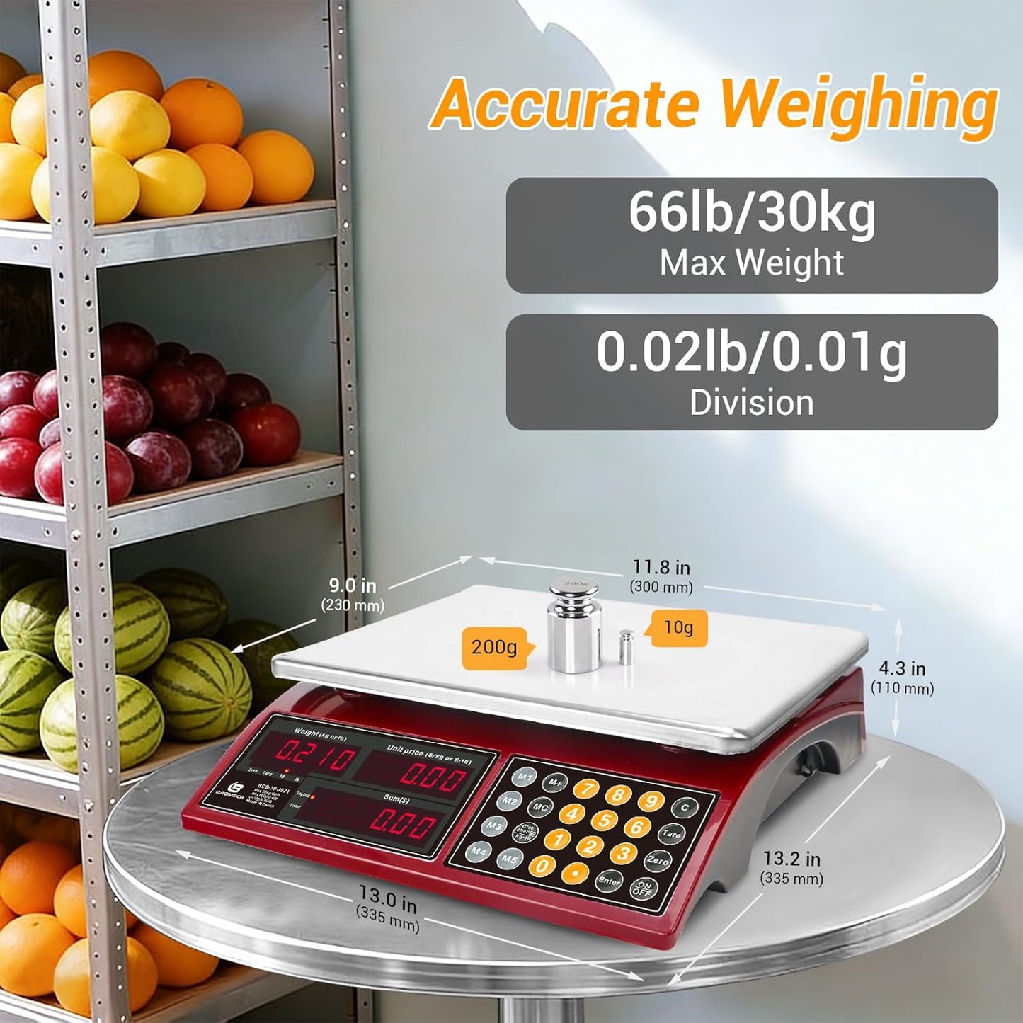 Commercial Food Scale 66lb/30kg, High Precision Digital Price Computing Scale for Farmers Marke, Deli, Dual Backlit LCD Display, Stainless Steel Platform, Rechargeable Battery for Produce Meat