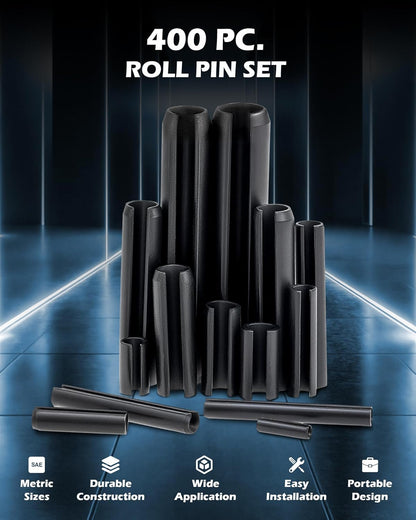 ZELCAN 400pc Roll Pin Set, M1.5 M2 M2.5 M3 M4 M5 M6 Slotted Metric Spring Pins in Various Lengths, Steel Split Expansion Pin Hardware Assortment Kit