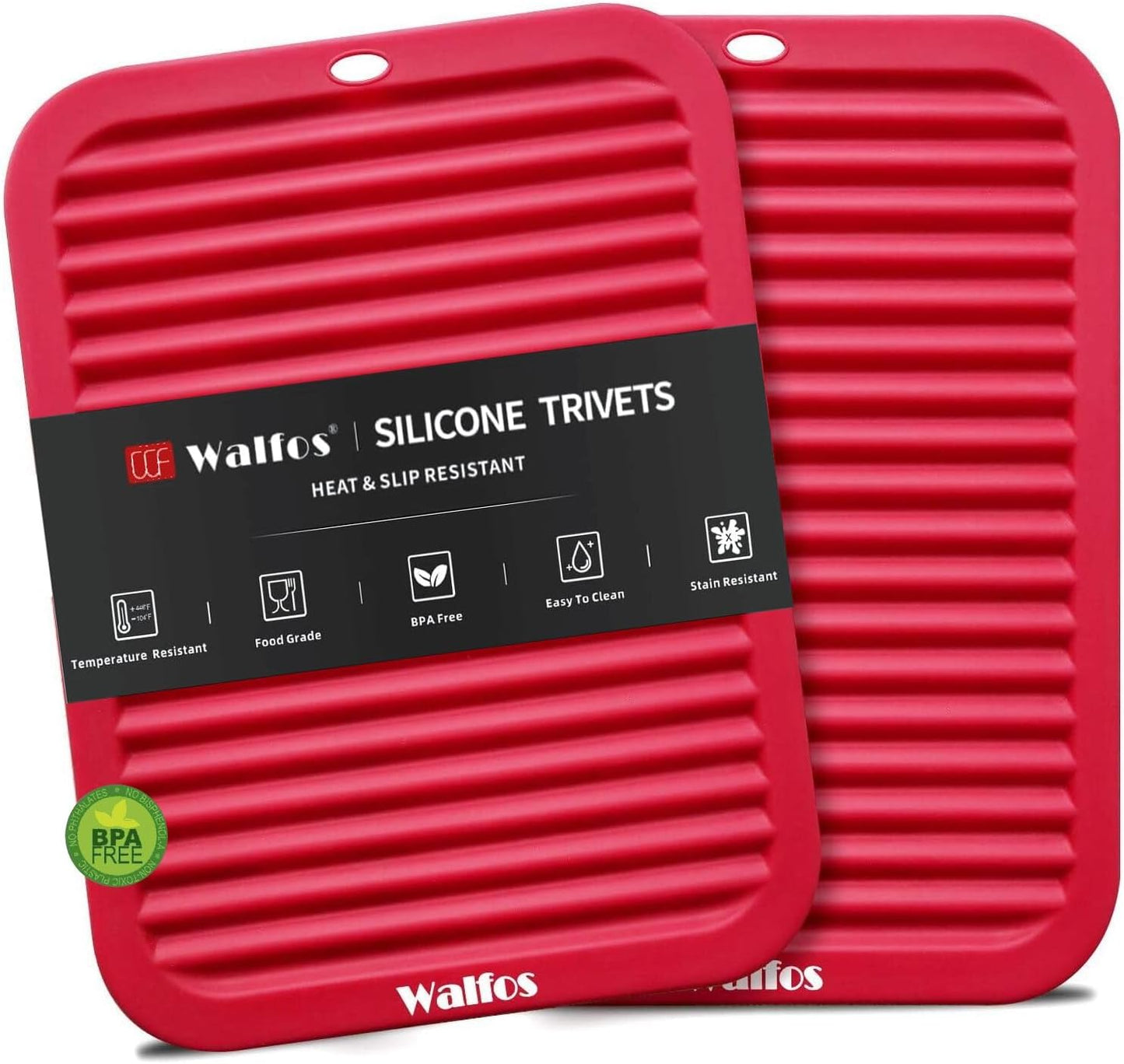 Walfos Silicone Trivet Mats - 4 Heat Resistant Pot Holders, Multipurpose Non-Slip Hot Pads for Kitchen Potholders, Hot Dishers, Jar Opener, Spoon Holder, Food Grade Silicone & BPA Free (Black)