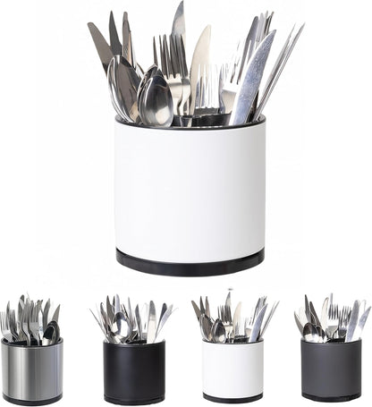 LIBODOUR Kitchen Utensil Holder Extra Large 360°Rotating For Counter Organizer Stainless Steel Storage Cooking Silverware Caddy 3 Compartment Flatware Spoon Spatula Tool Cutlery Container（Silvery）