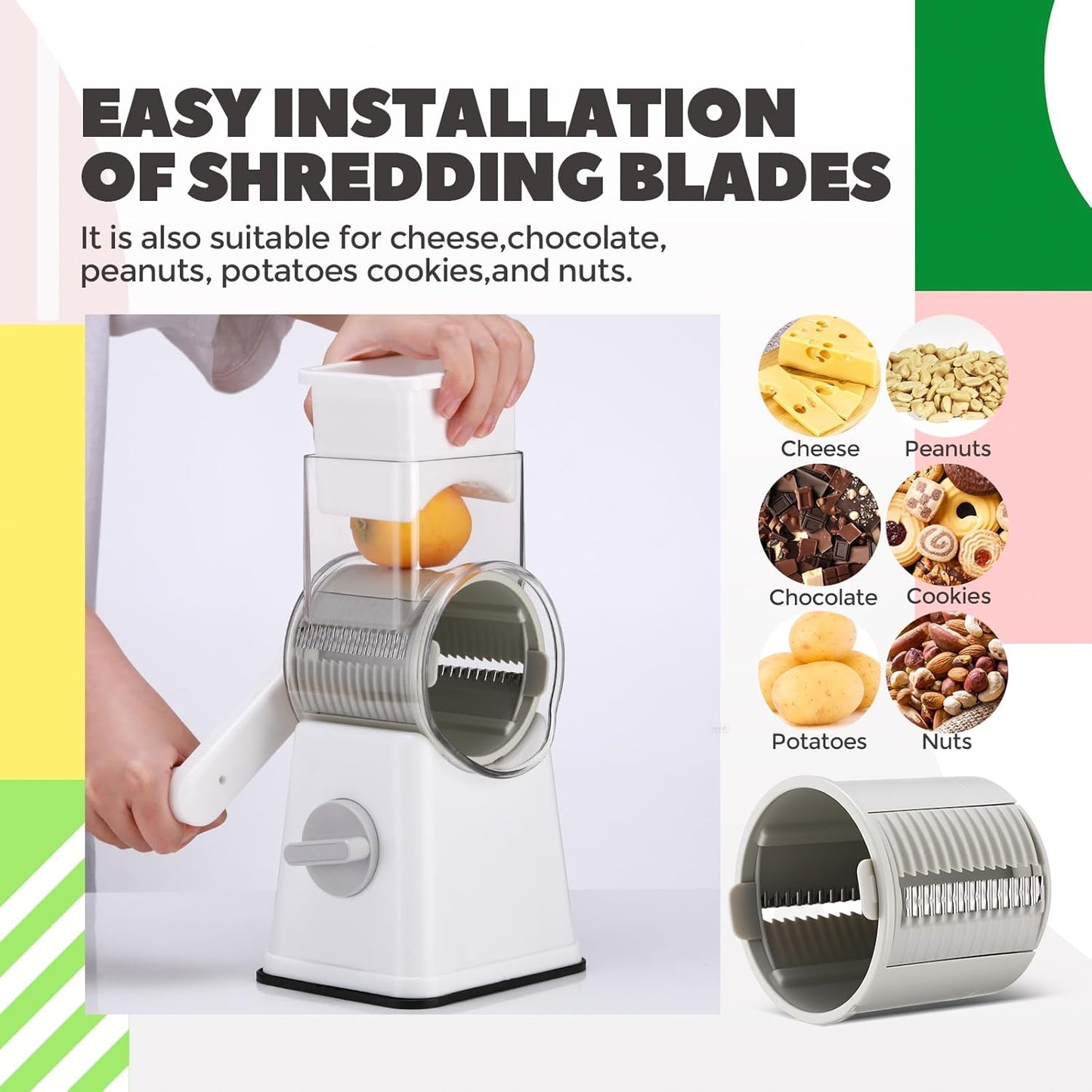 6-in-1 Multifunctional Rotary Cheese Grater with 11 Blades Dice Shred Slice Vegetable Chopper with Suction Base 360° Rotating Handle Safety Push Cup Multi Food Slicer Dicer for Kitchen(White)