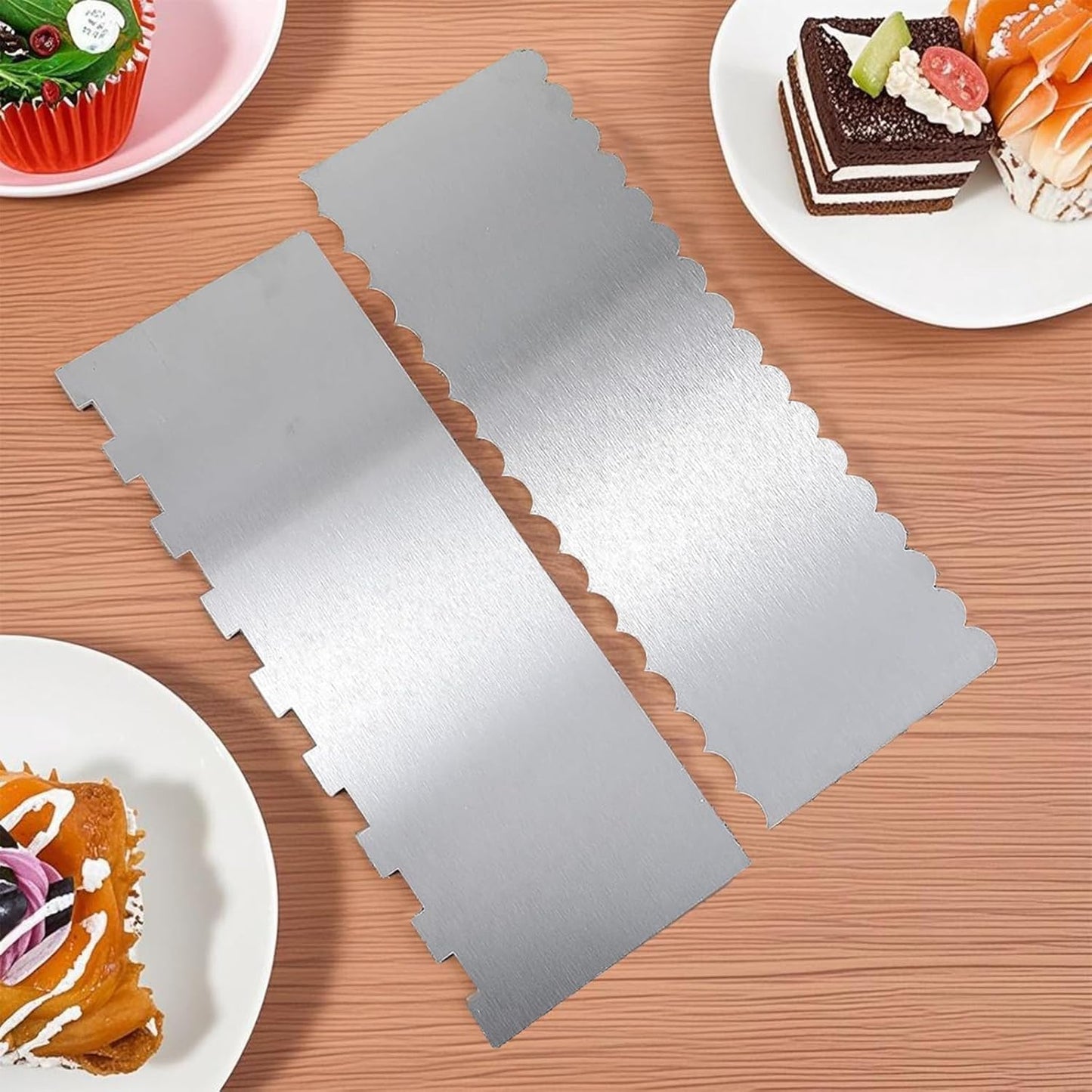 2 Pieces Stainless Steel Cake Scraper, 9 Inch Large Cake Smoother Scraper Contour Double Sided Patterned Edge Stripe Tool Pastry Cutter in 6 Patterns for Different Shapes of Comb Cake Edges Decoration