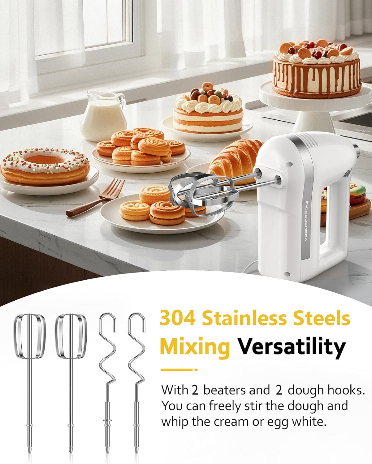 Electric Hand Mixer, Powerful 300W Hand Mixer Electric Handheld with 304 Beaters, Dough Hook,Hand Held Mixer with Turbo for Baking Cakes, Eggs, Cream Food(Black)