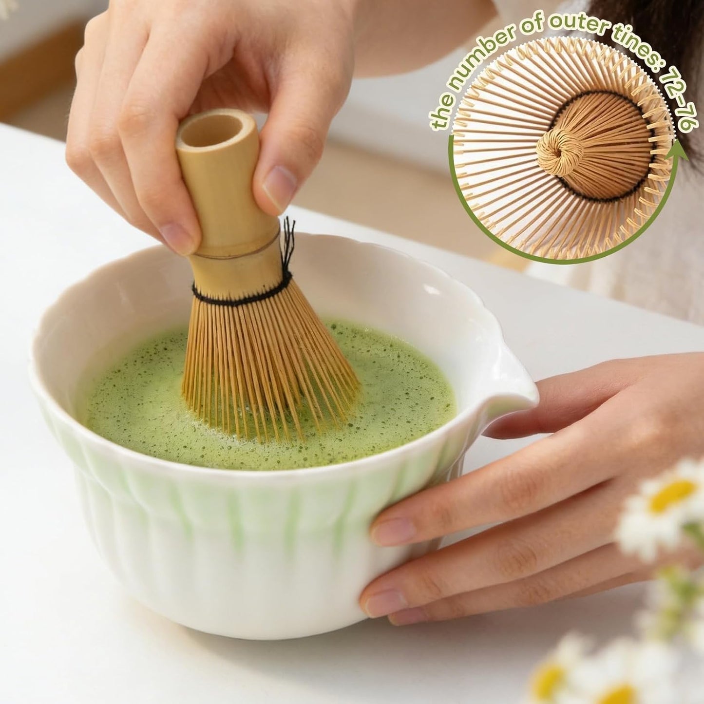 Matcha Set, 5Pcs Ceramic Matcha Set including Daisy Matcha Bowl and Mushroom Whisk Holder, Bamboo Whisk, Scoop, Sifter - Thoughtful Matcha Whisk Set Gift for Matcha Lovers, Blue