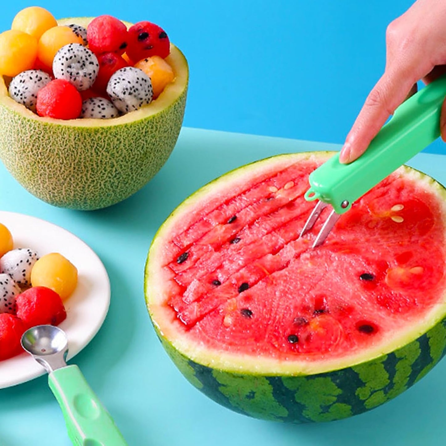 Melon Baller Scoop Set,Cookie Scoops for Baking and Ice Cream Scooper and Fruit Slicer Cutter
