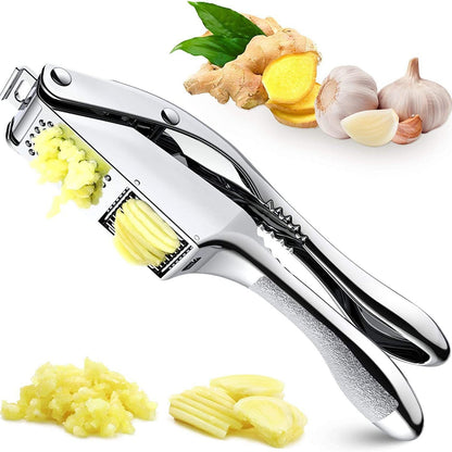 2-in-1 Garlic Press and Ginger Slicer - Heavy Duty Stainless Steel Garlic Mincer, Ergonomic Handle Garlic Crusher with Slicer Function, Dishwasher Safe Kitchen Gadget for Garlic, Ginger, Nuts