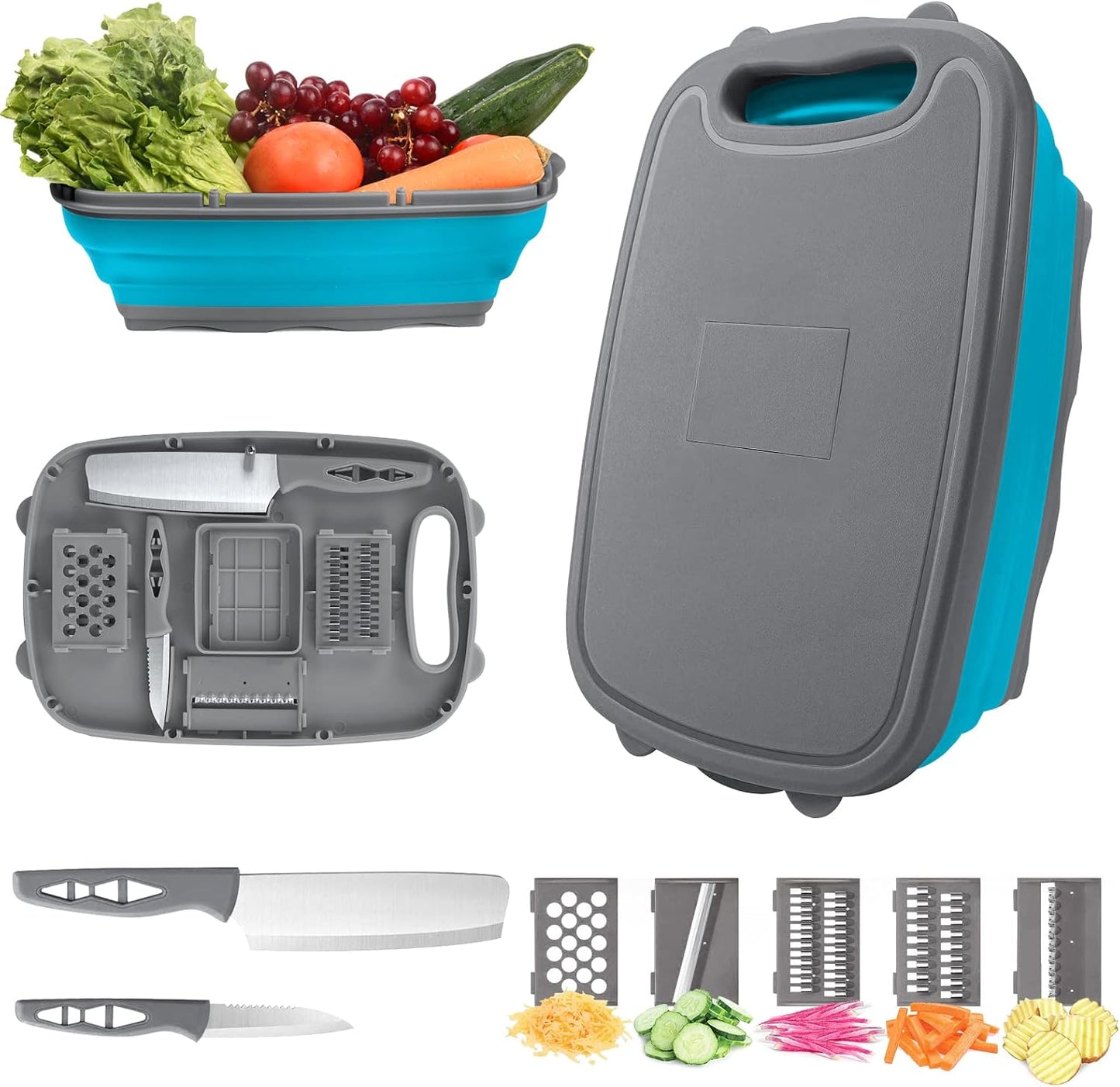 HI NINGER Collapsible Cutting Board with Colander, 9-In-1 Multi Chopping Board Kitchen Vegetable Washing Basket for Camping Gifts Camping Accessories for RV Campers