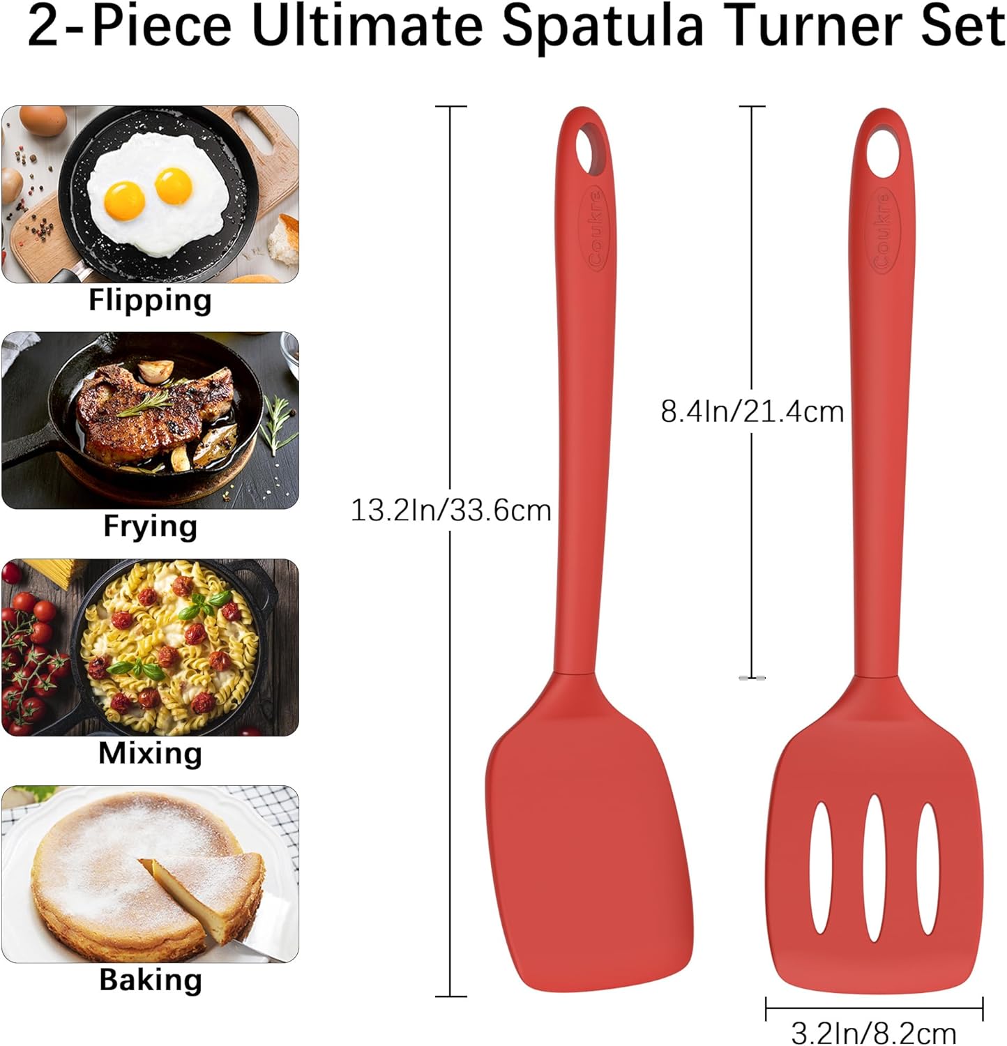 Coukre 2 Pack Silicone Spatula Set, High Heat Resistant, BPA Free Kitchen Spatula, Solid & Slotted Turner for Non-Stick Pans, Sautéing, and Flipping (2, PureBlack)