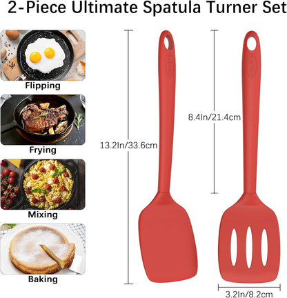 Coukre 2 Pack Silicone Spatula Set, High Heat Resistant, BPA Free Kitchen Spatula, Solid & Slotted Turner for Non-Stick Pans, Sautéing, and Flipping (2, PureBlack)