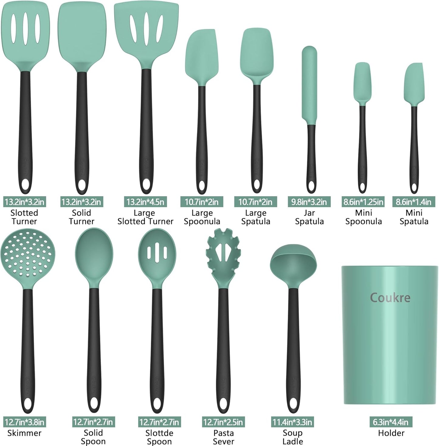 Coukre Silicone Kitchen Cooking Utensils Set with Holder – Heat-Resistant, Food-Grade Kitchen Tools, Spatula, Spoon & Gadgets for Non-Stick Pans, Dishwasher Safe (14, PureBlack)