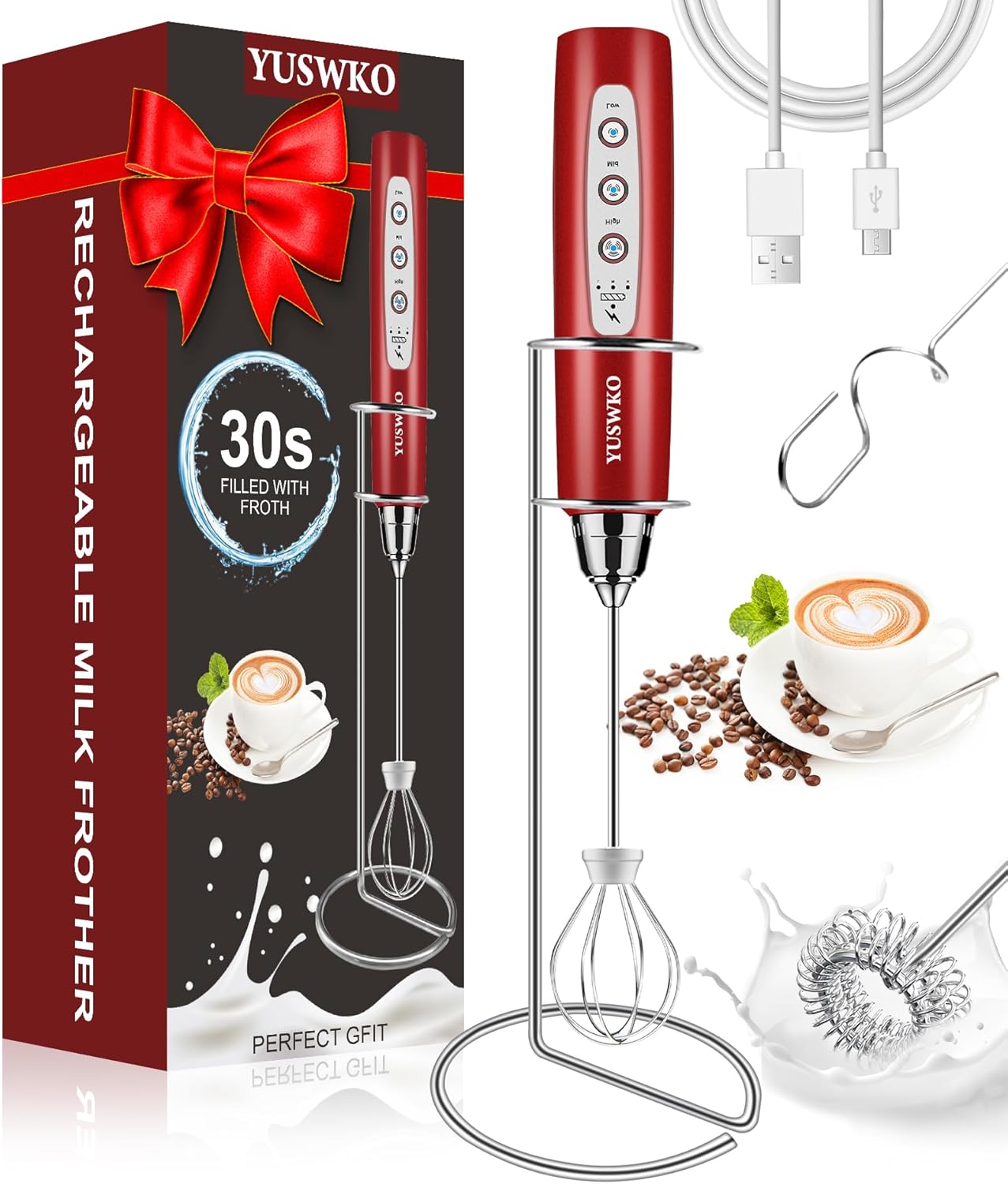 YUSWKO Black Handheld Milk Frother Wand for Coffee, Rechargeable Electric Whisk with 3 Heads 3 Speeds Drink Mixer Coffee Frother For Latte, Cappuccino, Hot Chocolate, Egg