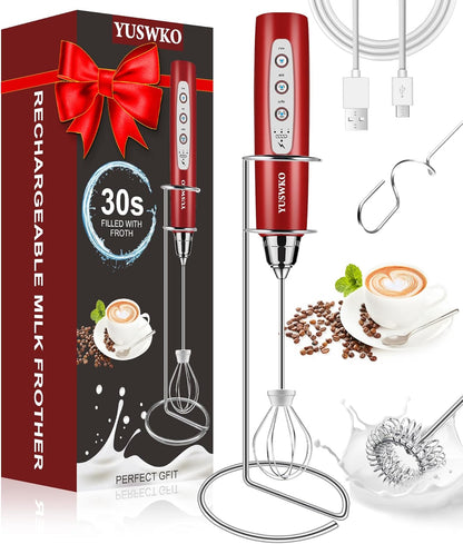 YUSWKO Black Handheld Milk Frother Wand for Coffee, Rechargeable Electric Whisk with 3 Heads 3 Speeds Drink Mixer Coffee Frother For Latte, Cappuccino, Hot Chocolate, Egg