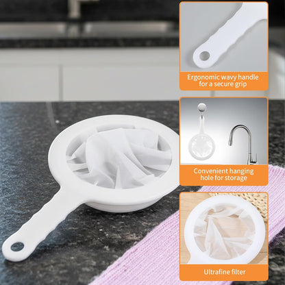 2 Pcs Plastic Fine Mesh Strainer, Nylon Ultra-Fine Juice Strainer Fine Mesh Sieve Small Coffee Strainers with Handle Mini Brine Shrimp Separation Net for Nut Milk, Yogurt, Honey, Wine (300/400 Mesh)