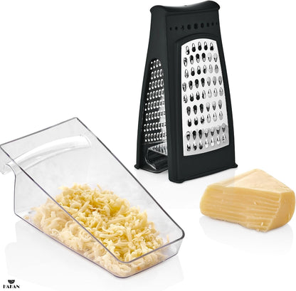 HAKAN Grater with Collection Box and Stainless Steel Blades | Handheld Ergonomic Cheese & Vegetable Grater with Container | 18.5 oz Box | Dishwasher Safe