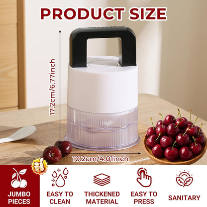 Cherry Pitter Tool - 7-in-1 Multiple Cherry Corer with 1.5" Extra Large Slots for Jumbo Cherries, Olive Pitter, Transparent Pit Container, Dishwasher Safe, Anti-Splash Design