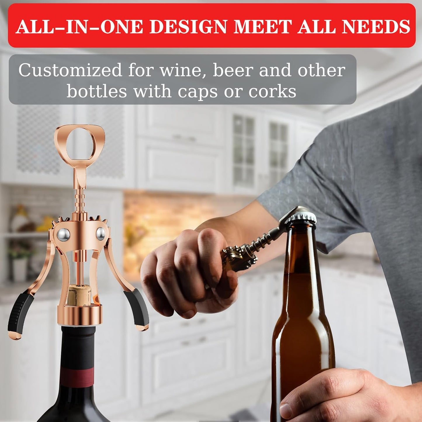 KORCCI Wine Opener, Heavy-Duty Zinc Alloy Wing Corkscrew, Premium Beer Bottle Opener, Multifunctional Wine Accessories with Ergonomic Handle and Sharp Screw, for Kitchen, Bar, Restaurant (SILVER)