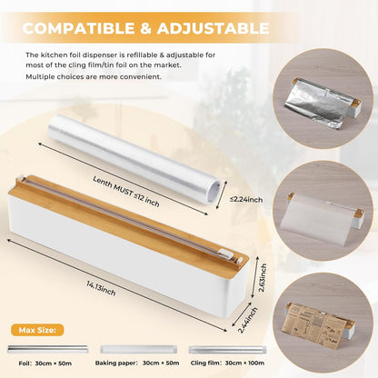 Magnetic Plastic Wrap Dispenser with Cutter - Practical Refillable Aluminum Tin Foil and Plastic Wrap Organizer for Drawer, Including an Extra Roll of 12"X 164' Food Cling Film - Black