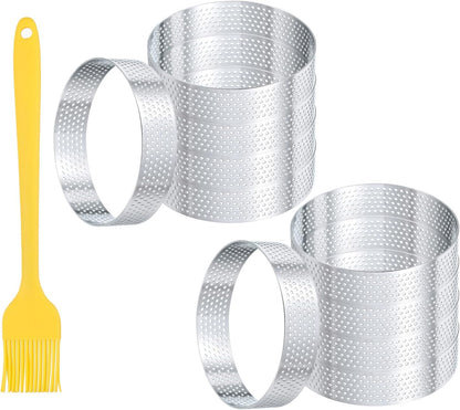 uxcell 10pcs Perforated Cake Rings 2.4 Inch Stainless Steel Round Cake Mousse Ring Molds with Brush for Baking Cake Dessert Pastry Making, Silver Tone